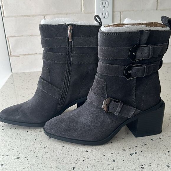 Vince Camuto Kempreea Gray Suede Buckles Mid-Shaft Boots Block Heel Zip 7 Wide - Picture 12 of 13